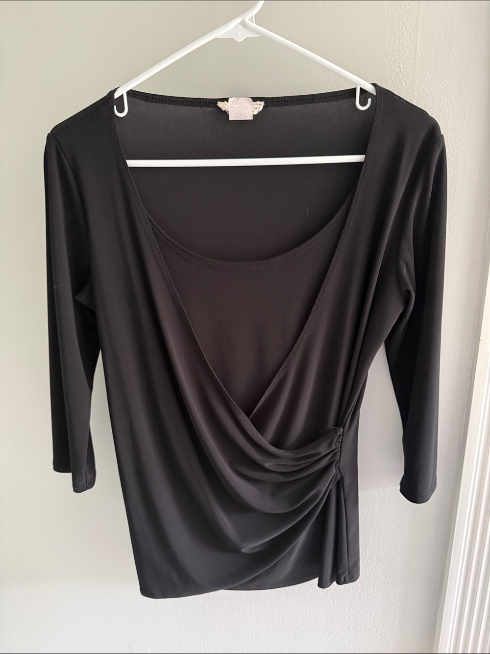 Women's Black Draped Wrap-Front Blouse with 3/4 Sleeves